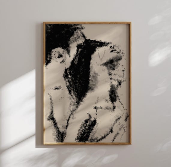 Sensual Couple Embrace Art Print: Beige & Black Intimate Decor (Digital Download)