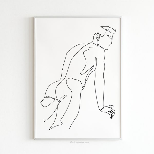 Naked Man One Line Art, Nude Line Drawing, Muscular Man Art, Erotic Male Line Art, Minimalist Wall Art, Sexy Bedroom Decor