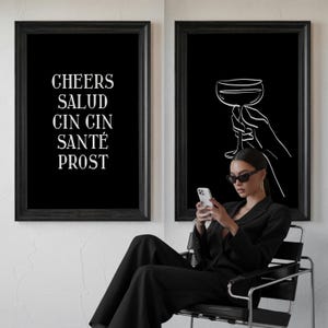 乾杯プリント、バーカートウォールアート、プリント2枚セット、Cin Cinポスター、レトロドリンクプリント、白黒アート、ミニマリストアート、デジタルダウンロード