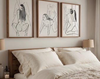Romantische lijntekeningen van een stel: minimalistische, sensuele tekeningen, set van 3 prints (digitale download)