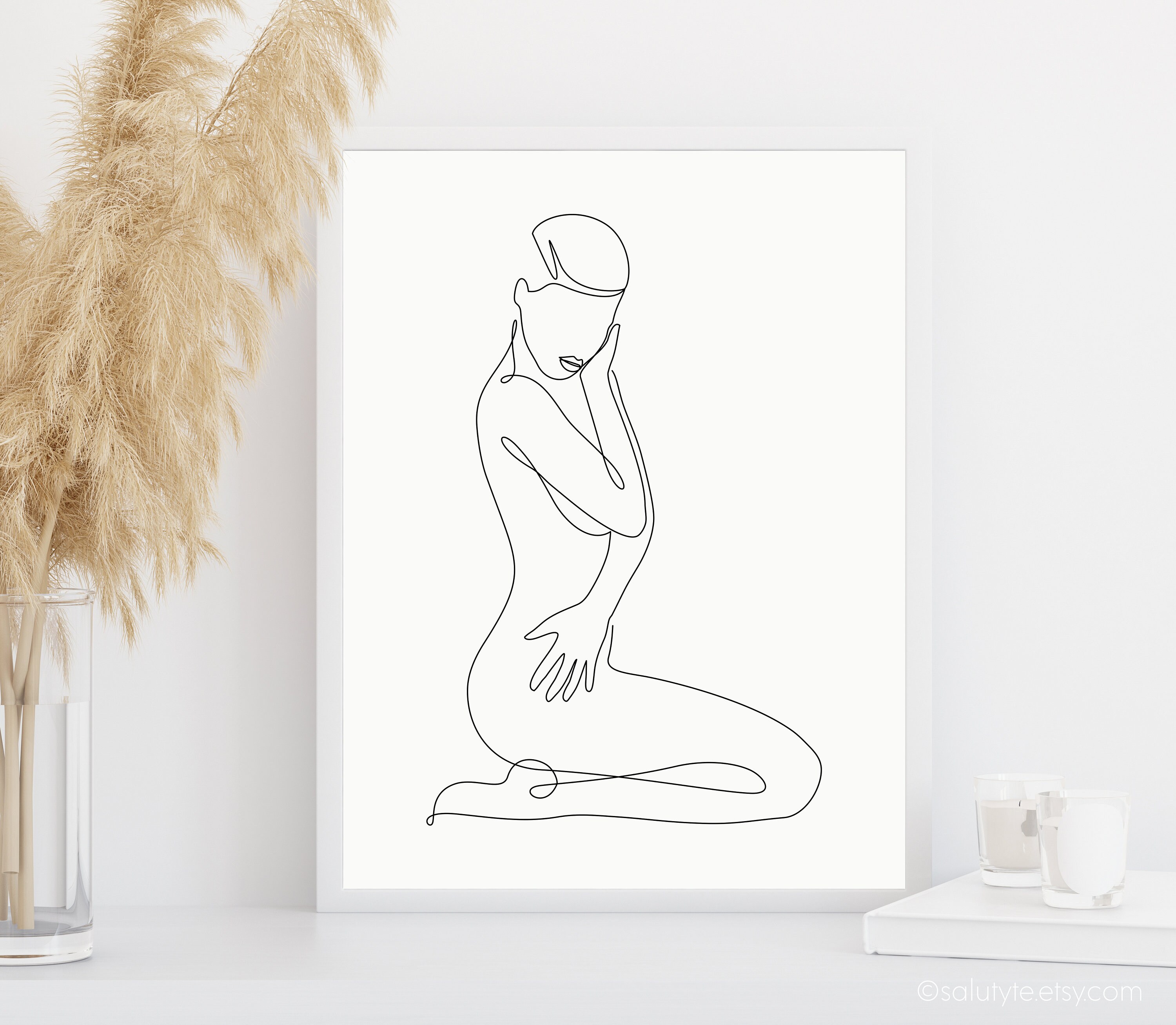 Erotic One Line Art, Nude Line Drawing, Naked Prints, Female Body Printable Wall Art, Black and White Woman art, Bedroom or Bathroom Art.
