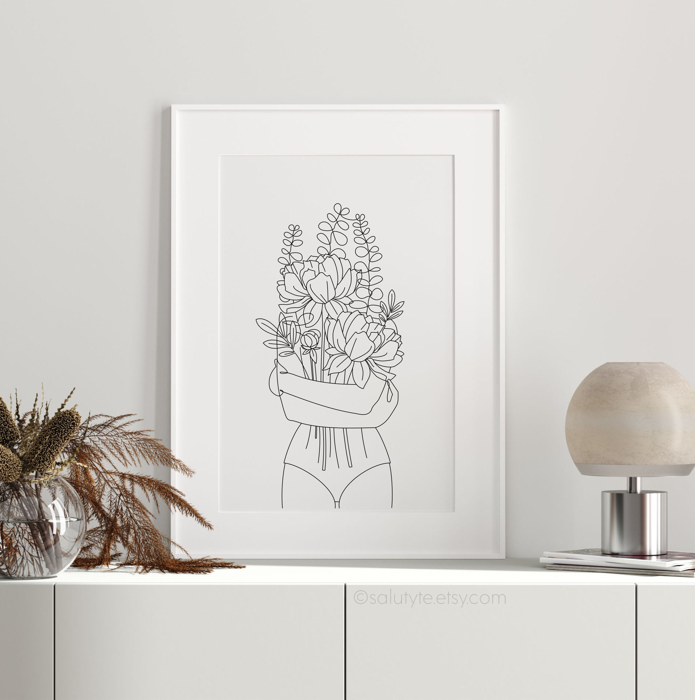 Flowers Line Art Print Girls Room Wall Art Girl With Flowers Etsy UK