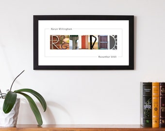Letrero con foto de jubilación / Arte con imágenes de letras / Letras fotográficas del alfabeto / Letrero con nombre personalizado / Regalo para trabajo o carrera / Arte con letras callejeras