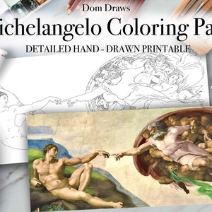 Può includere: Un disegno in bianco e nero della Creazione di Adamo di Michelangelo, un famoso dipinto del Rinascimento. Il disegno è su un foglio di carta bianco, con una versione a colori del dipinto visibile sullo sfondo. Il disegno è una pagina da colorare stampabile dettagliata disegnata a mano.