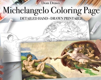 Adulto colorear detallado dibujado a mano Miguel Ángel La creación de Adán, página para colorear imprimible, Descarga digital