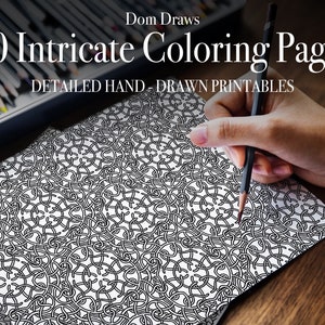 May include: A hand holding a pencil over a black and white intricate coloring page. The page is titled "20 Intricate Coloring Pages" and "Detailed Hand-Drawn Printables".