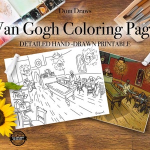 Adult Coloring Detailed Hand - Drawn Vincent Van Gogh The Night Cafe 1888 , Printable Coloring Page Digital Download
