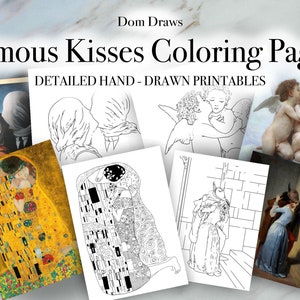 Most Famous Kisses In History of Art, Adult Coloring Set of 4 Detailed Hand-Drawn Coloring Page (Printable, PDF Download)