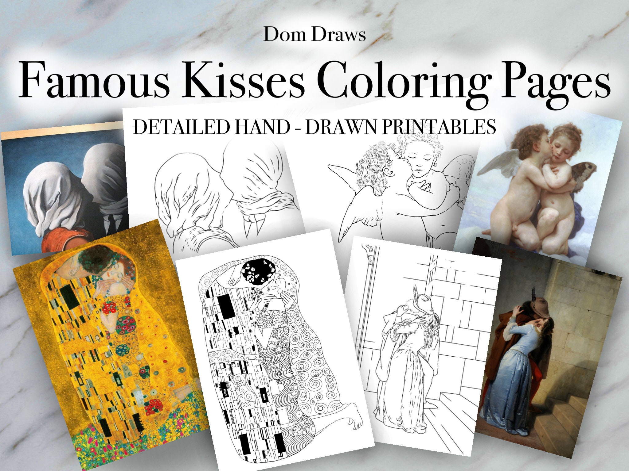 Most Famous Kisses in History of Art , Adult Coloring Set of 4 Detailed