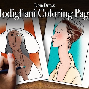 May include: Two black and white line drawings of women's faces in the style of Amedeo Modigliani. The drawings are on white paper with a red and orange background on the left and a blue background on the right. The title "Modigliani Coloring Pages" is at the top of the image.