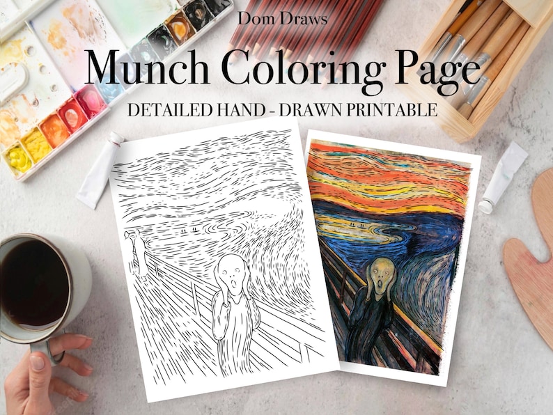 Puede incluir: Dos p&aacute;ginas para colorear imprimibles con la obra "El Grito" de Edvard Munch. Una p&aacute;gina es un dibujo lineal en blanco y negro, y la otra es una versi&oacute;n coloreada. Las p&aacute;ginas est&aacute;n sobre una superficie blanca con materiales de arte.