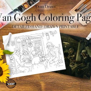Adult Coloring Detailed Hand - Drawn Vincent Van Gogh The Potato Eaters , Printable Coloring Page Digital Download