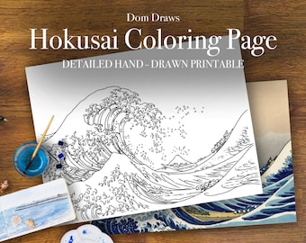 La gran ola de Kanagawa Hokusai Katsushika, adulto para colorear a mano detallada - Página para colorear imprimible dibujada digital (Descarga PDF)