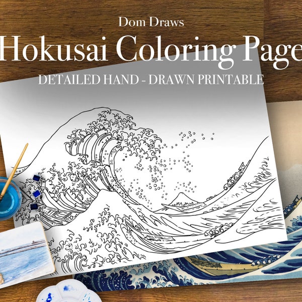 The Great Wave Off Kanagawa Hokusai Katsushika, Adult Coloring Detailed Hand - Drawn Printable Coloring Page Digital (PDF Download)