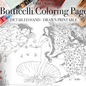 Venus födelse målarbild detaljerad handritad Botticelli, digital målarbild för vuxna (utskrivbar, PDF-nedladdning)
