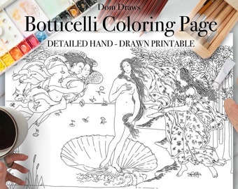 El nacimiento de Venus: dibujo detallado a mano de Botticelli para colorear (imprimible, descarga PDF)