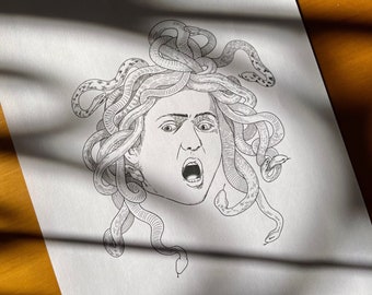 Dibujo para colorear de Medusa Caravaggio (dibujo a mano de Miguel Ángel Merisi) para adultos. Página para colorear imprimible (descarga digital en PDF).