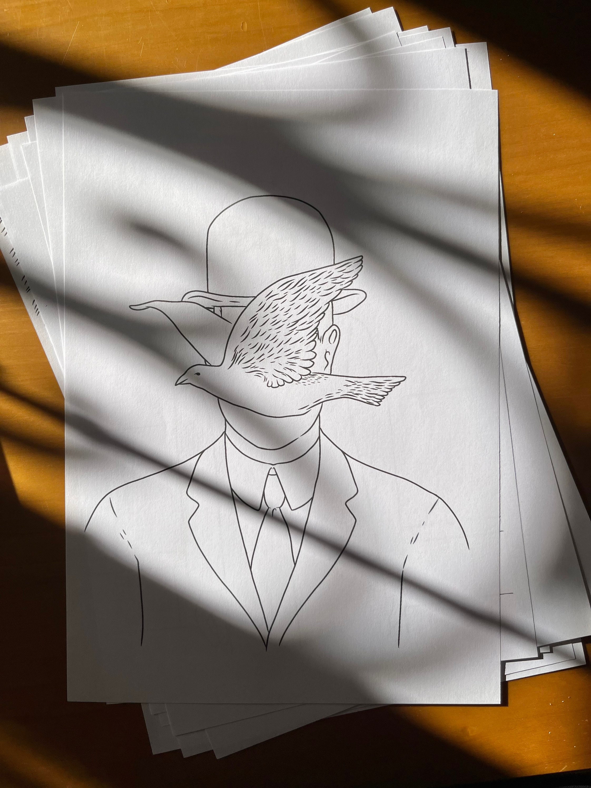 Adult Coloring Detailed Hand - Drawn Renè Magritte Man in a Bowler Hat ...