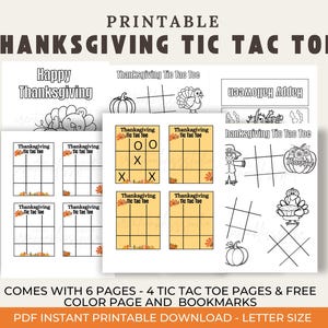 Könnte beinhalten: Druckbares Thanksgiving Tic Tac Toe Spielset. Enthält Seiten mit dem Text "Happy Thanksgiving" und "Thanksgiving Tic Tac Toe". Enthält Kürbis-, Truthahn- und Herbstblattgrafiken. Enthält 6 Seiten, eine Farbseite und Lesezeichen.