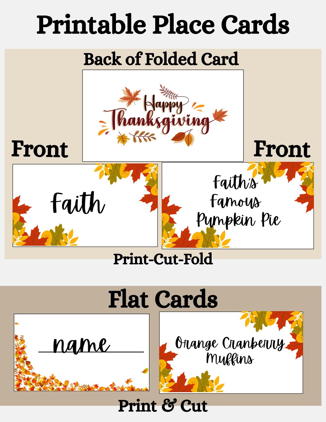 Printable Thanksgiving Place Cards, Fall Table Name Tags & Food Labels ...