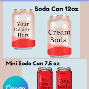 Pode incluir: Um modelo para latas de refrigerante, com duas latas de 355 ml e duas mini latas de 221 ml. As latas maiores têm um design pêssego e vermelho com gráficos de nuvens e o texto "Your Design Here" e "Cream Soda". As mini latas são vermelhas com o texto "Your Design Here" e "Cola Soda".