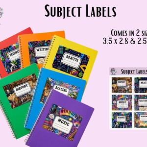 May include: A collection of six spiral-bound notebooks in red, orange, yellow, green, blue, and purple, each featuring a subject-specific graphic label. A sheet of matching subject labels is included, with text indicating sizes of 3.5 x 2.8 inches.