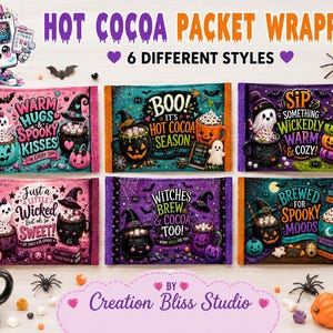 May include: Six rectangular hot cocoa packet wrappers featuring Halloween-themed illustrations of ghosts, jack-o'-lanterns, and witch hats in purple, pink, orange, and teal. Text includes phrases like Warm Hugs & Spooky Kisses and Witches Brew & Cocoa Too.