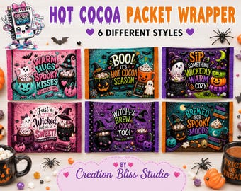 Halloween Hot Cocoa Packet Wrappers - 6 Spooky Printable Cocoa Wraps -Halloween Party Favors - Kids Treats Digital Download