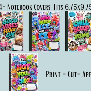 Peut inclure: Quatre couvertures de cahier conçues pour s'adapter à 17,15 par 24,77 cm, avec des graphismes colorés de glaces, de flotteurs à la bière de racine et de granités, avec du texte incluant Good Vibes Float On, Who Needs Ice When You Got Icee.