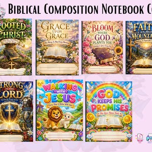 Puede incluir: Una colección de siete portadas rectangulares para cuadernos de composición con temas religiosos, ilustraciones coloridas de Biblias, paisajes, animales y diseños florales, cada una con un espacio en blanco con líneas en la parte inferior para identificación.