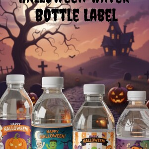 May include: Clear water bottles with Halloween-themed labels. Each label features a different design, including pumpkins, monsters, and the text "Happy Halloween!" The background shows a spooky scene with a haunted house and a graveyard.