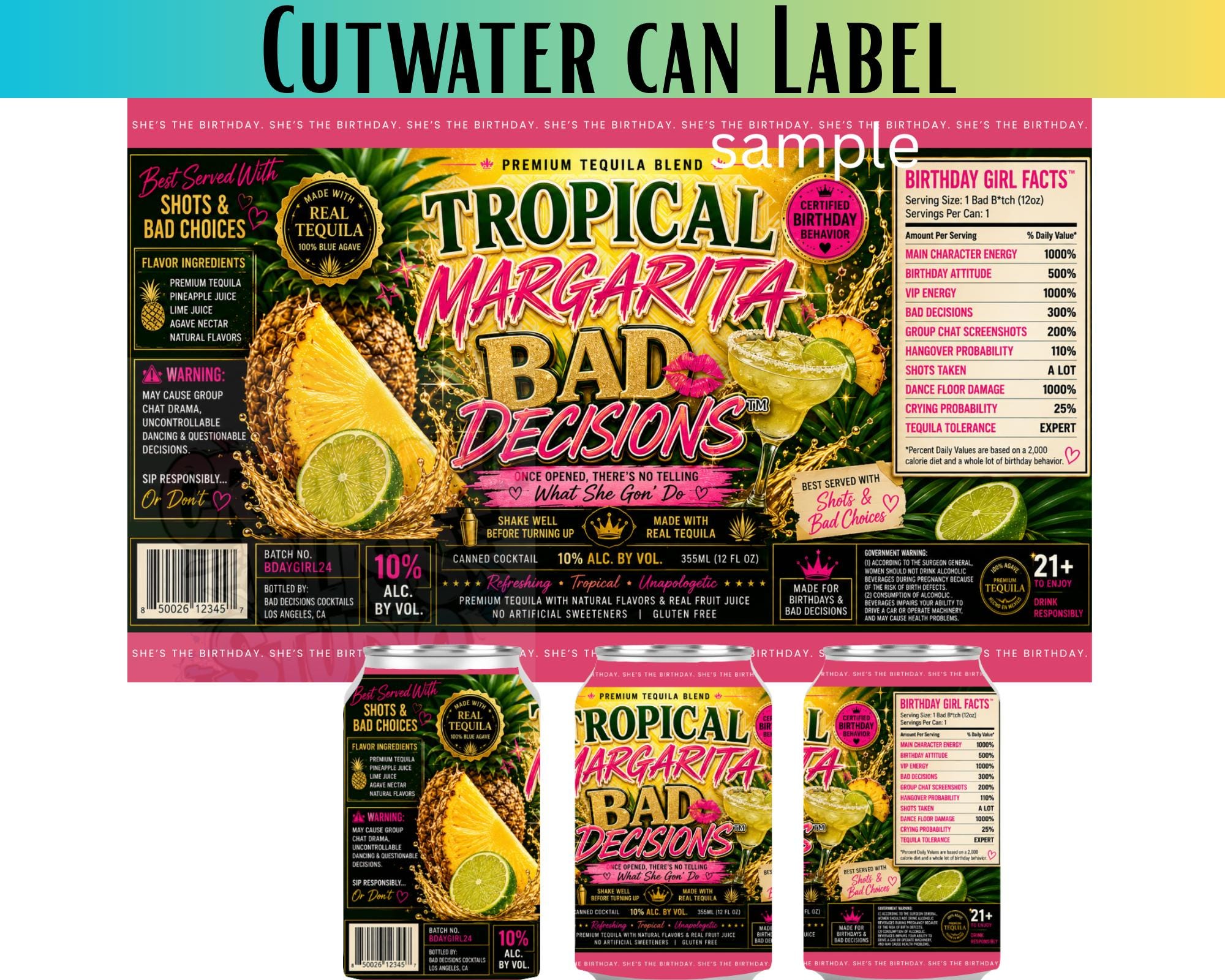 Birthday Girl Cutwater Can Label - Tropical Margarita Bad Decisions ...