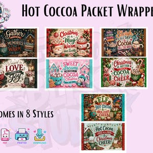 May include: A collection of eight rectangular hot cocoa packet wrappers featuring festive holiday illustrations, including mugs of cocoa, gingerbread figures, snowmen, and Christmas trees, with various seasonal text designs in red, green, and white.