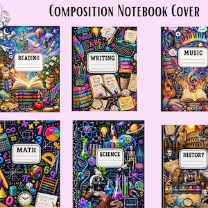 Subject Composition Notebook Covers - Printable Front Covers - Reading, Writing, Math, Science, History & Music - Instant Digital Download