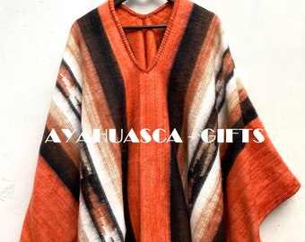 Oranger Alpaka-Poncho für Männer und Frauen, Länge 67" Breite 57" Poncho aus Alpakawolle, Peru, Poncho Winter, Schal ethnisch, peruanische Ponchos