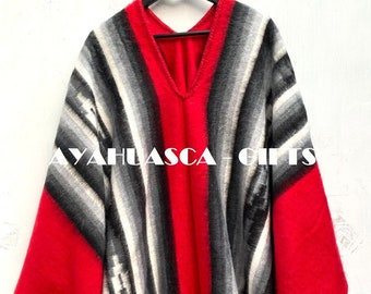 Roter Alpaka-Poncho für Männer und Frauen, Länge 67" Breite 57" Poncho aus Alpakawolle, Peru, Poncho Winter, Schal ethnisch, peruanische Ponchos