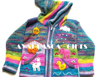Rainbow Children's cardigan Kids hooded sweater knitted, jacket toddler hoodies, Peruvian kids sweater hand embroidered details, kid jacket