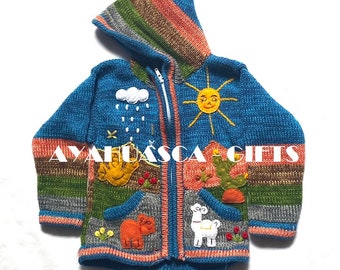 Blue Children's cardigan Kids hooded sweater knitted, jacket toddler hoodies, Peruvian kids sweater hand embroidered details, kid jacket