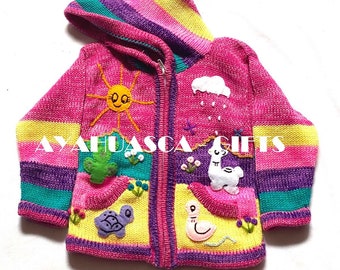 Pink Children's cardigan Kids hooded sweater knitted, jacket toddler hoodies, Peruvian kids sweater hand embroidered details, kid jacket