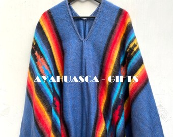 Blauer Regenbogen-Alpaka-Poncho für Männer und Frauen, Länge 67" Breite 57" Poncho aus Alpakawolle, Peru, Poncho Winter, Schal ethnisch, peruanische Ponchos