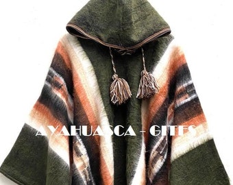 Green Military Alpaca Poncho for men and woman, Length 67" Width 57" poncho alpaca wool peru poncho winter shawl ethnic peruvian ponchos