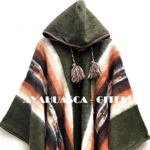 Green Military Alpaca Poncho for men and woman, Length 67 Width 57 poncho alpaca wool peru poncho winter shawl ethnic peruvian ponchos Green Military