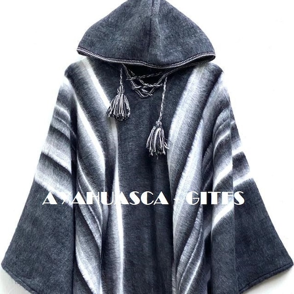 Poncho en alpaga gris foncé naturel pour homme et femme, longueur 67" largeur 57" poncho laine d'alpaga pérou poncho hiver châle ponchos péruviens ethniques