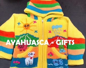 Children's cardigan Kids hooded sweater knitted, jacket toddler hoodies, Peruvian kids sweater hand embroidered details, kid jacket