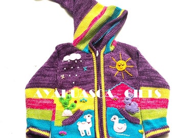 Purple Children's cardigan Kids hooded sweater knitted, jacket toddler hoodies, Peruvian kids sweater hand embroidered details, kid jacket