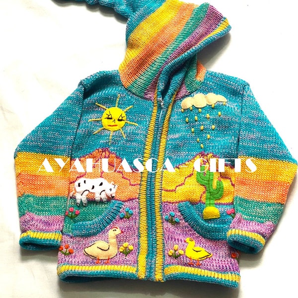 Hellblauer Kinder-Cardigan, Kinder-Kapuzenpullover gestrickt, Jacke, Kleinkind-Kapuzenpullover, peruanischer Kinderpullover, handgestickte Details, Jacke