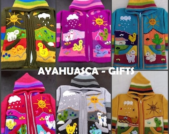 Kinder Cardigan Kinder Kapuzenpullover gestrickt, Jacke Kleinkind Kapuzenpullover, peruanischer Kinderpullover handgestickt Details, Kinderjacke