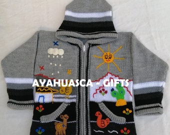 Children's cardigan Kids hooded sweater knitted, jacket toddler hoodies, Peruvian kids sweater hand embroidered details, kid jacket