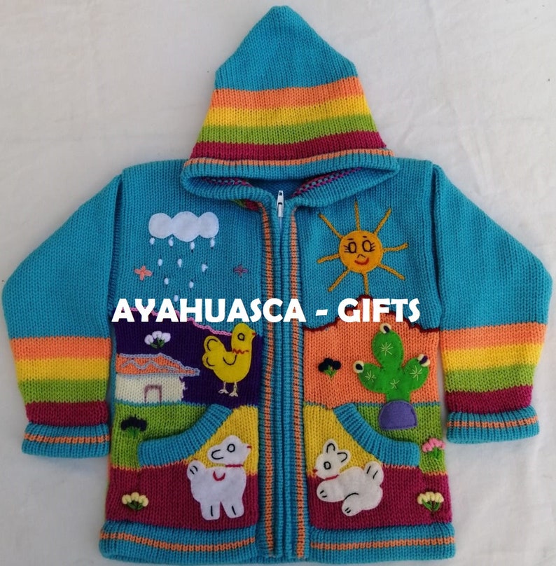 Children's cardigan Kids hooded sweater knitted, jacket toddler hoodies, Peruvian kids sweater hand embroidered details, kid jacket zdjęcie 4