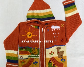 Cardigan per bambini Maglione con cappuccio per bambini lavorato a maglia, giacca felpe con cappuccio per bambini, maglione per bambini peruviano ricamati a mano dettagli, giacca per bambini
